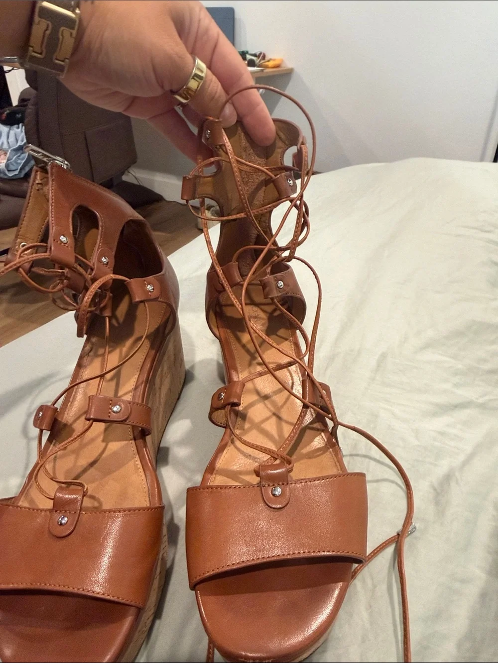 Coach Brown Lace-Up Cork Wedge Sandals
